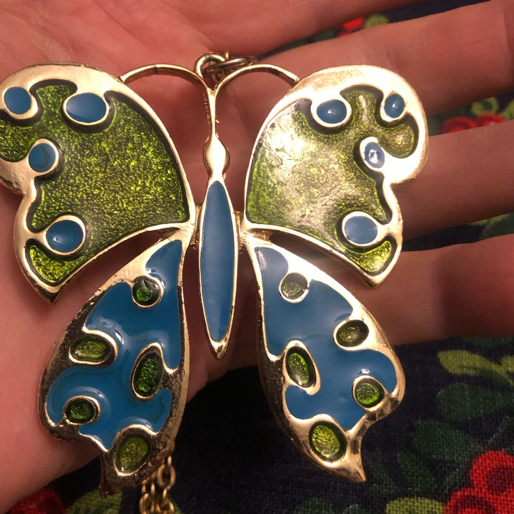 Vintage PL Big Enamel Butterfly necklace pendant